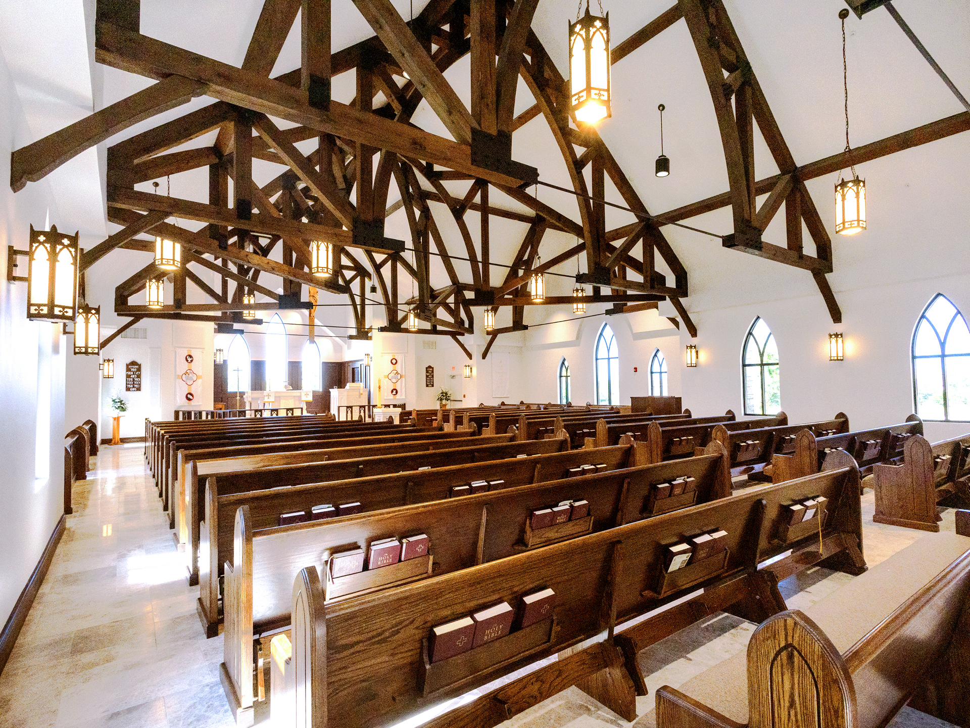 Zion Evangelical Lutheran Church custom exposed rafters long shot angled