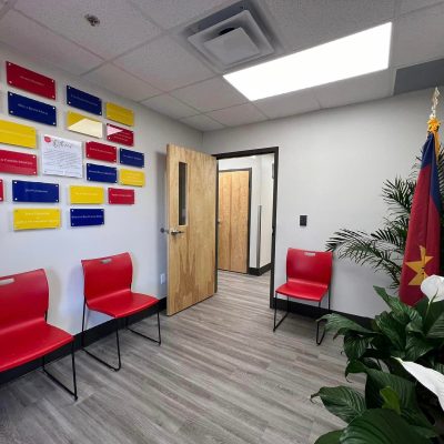 Colorful front entrance lobby renovation for the Salvation Army Women and Children's Center